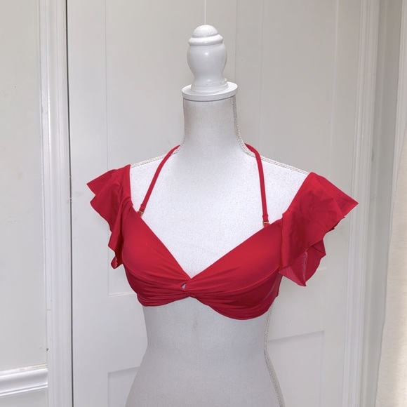 Trina Turk Off The Shoulder Cap Ruffle Sleeve Swim Top Size 6 Red - Picture 4 of 7